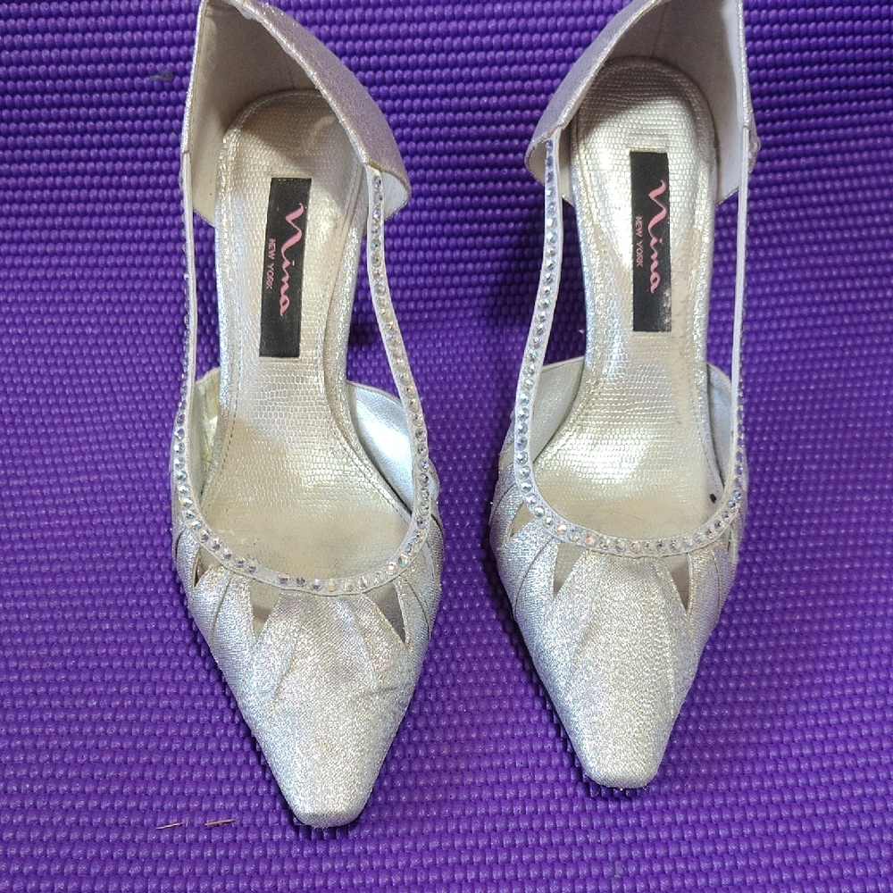 Nina‎ New York Silver Metallic Rhinestone d'Orsay Pointed Toe Stiletto Pumps